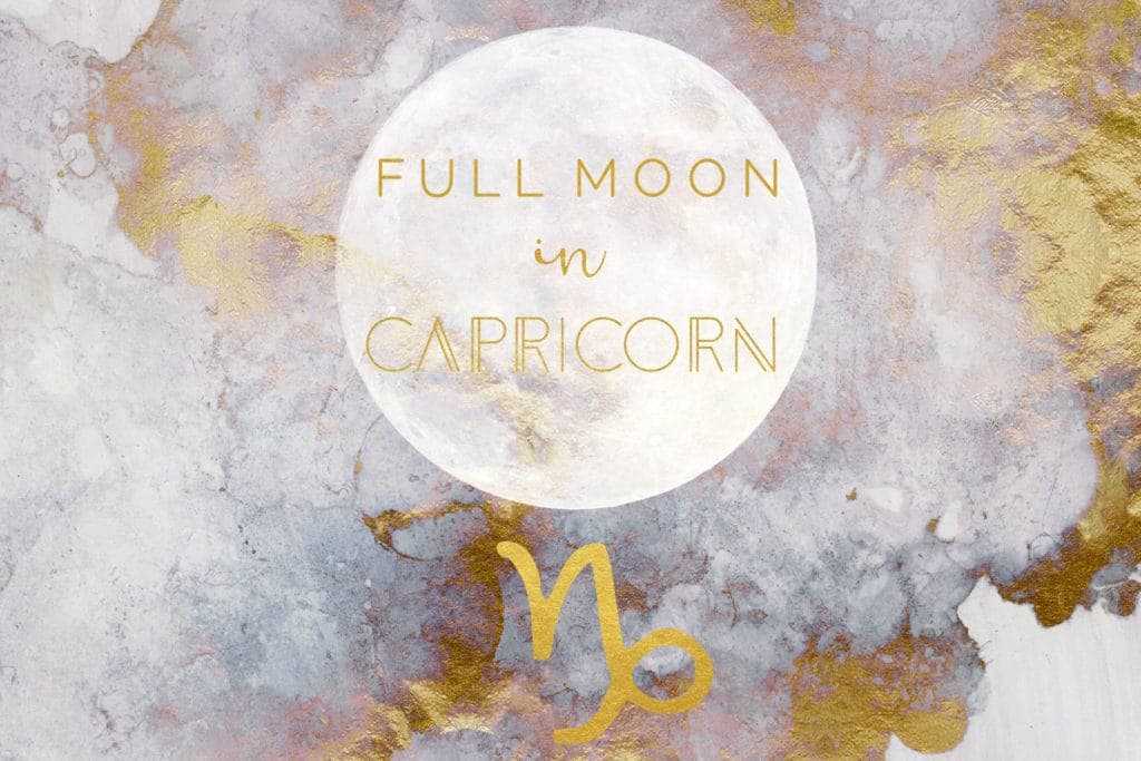Golden and gray abstract watercolor painting with a white full moon image and a golden Capricorn symbol. Over the moon are the words Full Moon in Capricorn